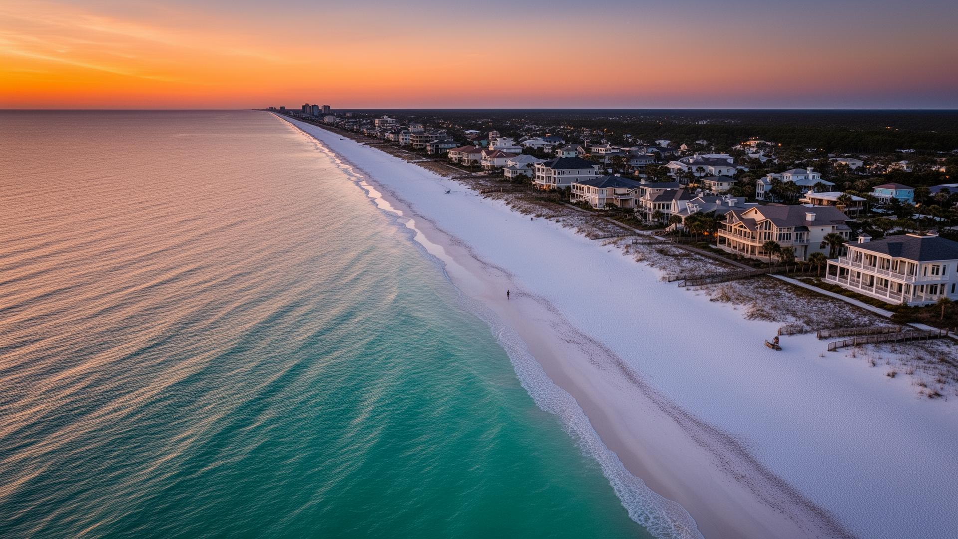 Pensacola Beach coastline at sunset
